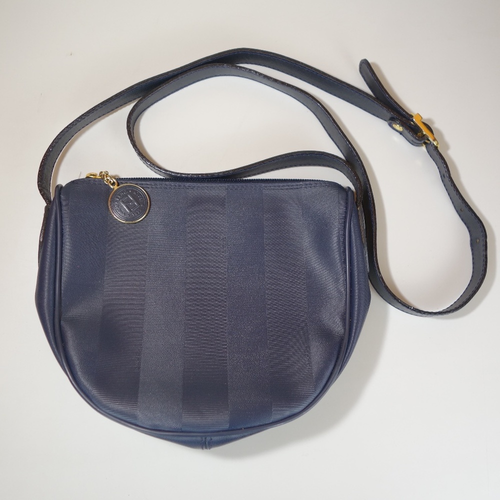 Vintage Fendi Roma Navy Blue Shoulder Bag Made In Italy w/ Metal Gold Hardware
